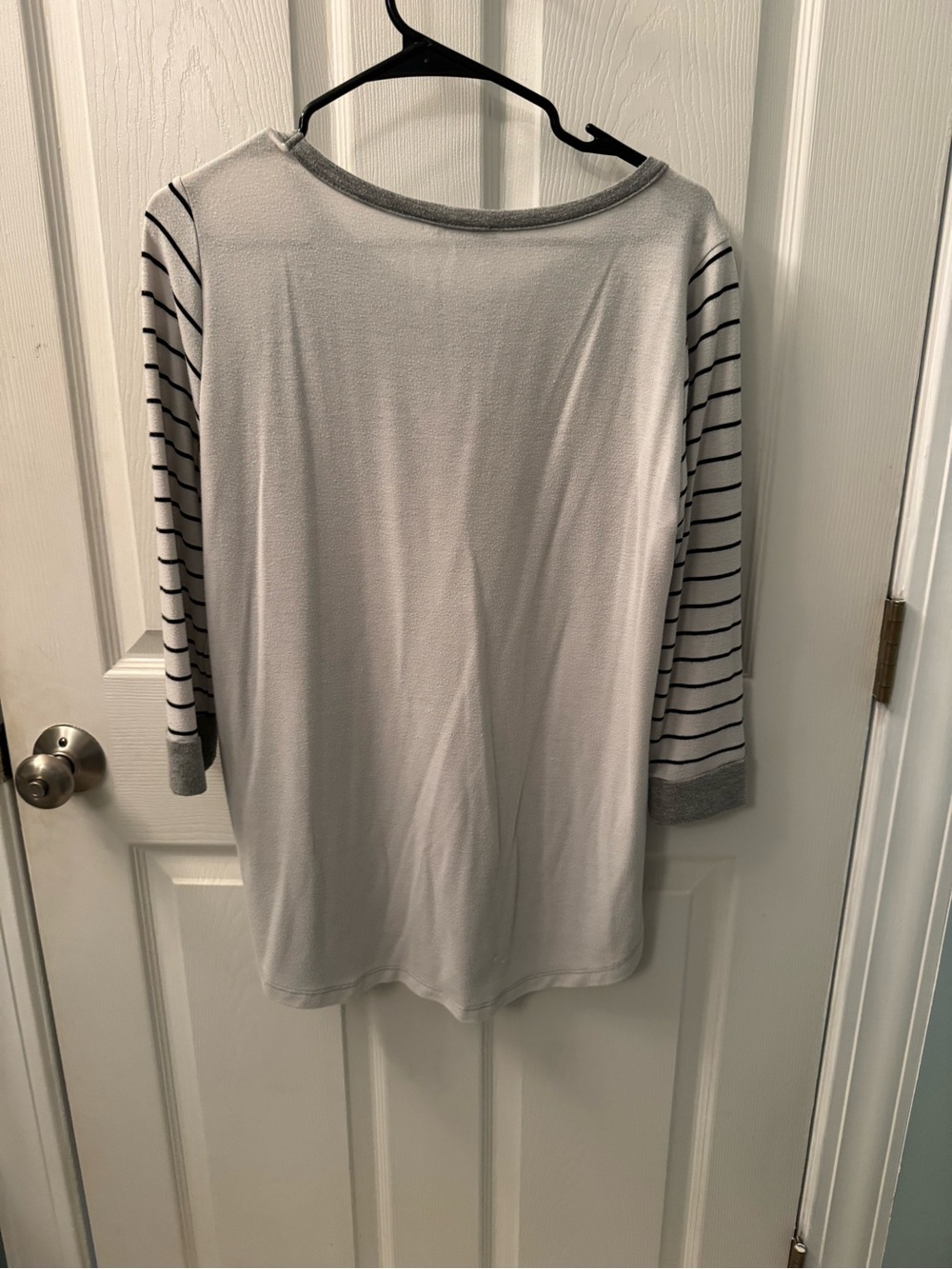 Chantelle White Top with Gray Trim and Striped Sleeves